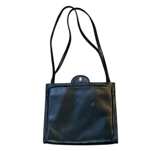 Vintage Block Black Leather Shoulder Bag Purse Structured 50s 60s